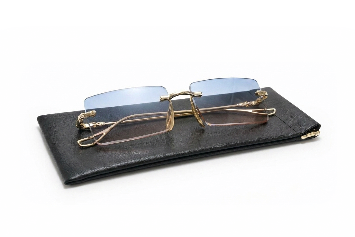 Opal rimless sunglasses on their leather pouch